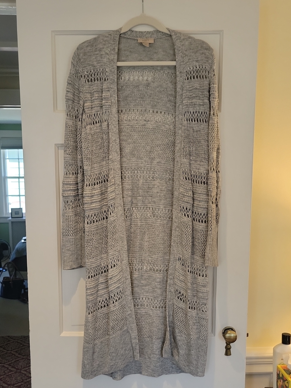 LOFT Light Gray Open-Knit Long Cardigan